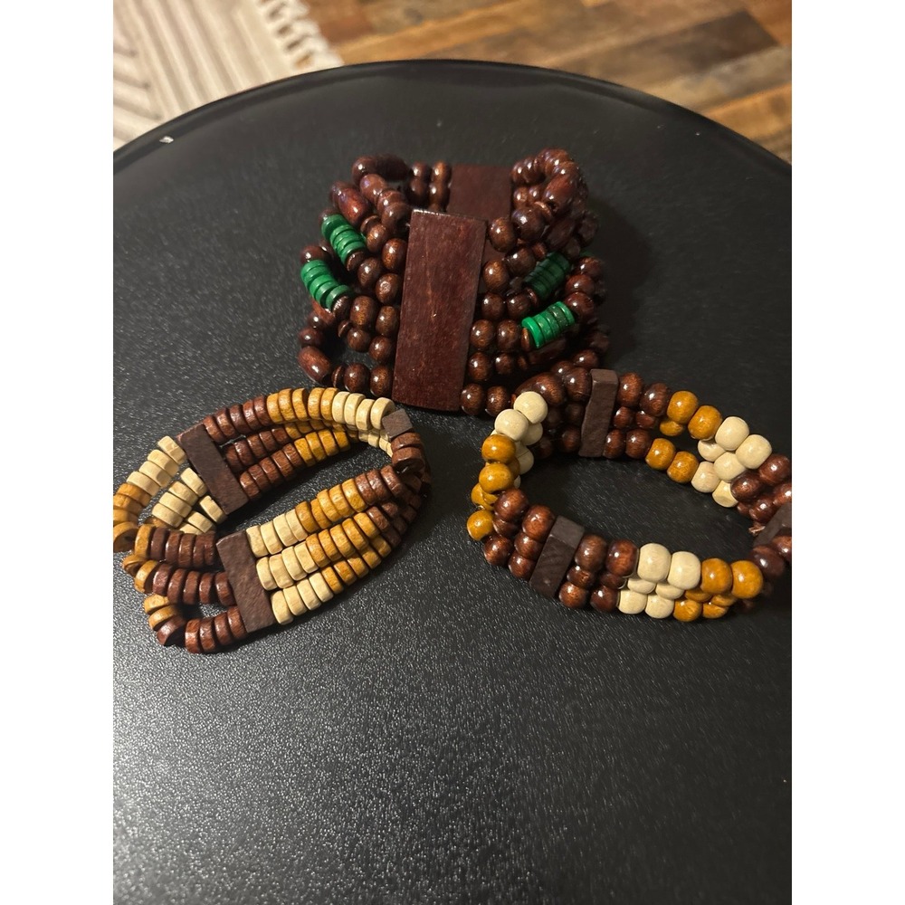 Boho Earth Tone Stretch Bracelets 3 Wooden Beaded Bracelets Whimsical Fairycore